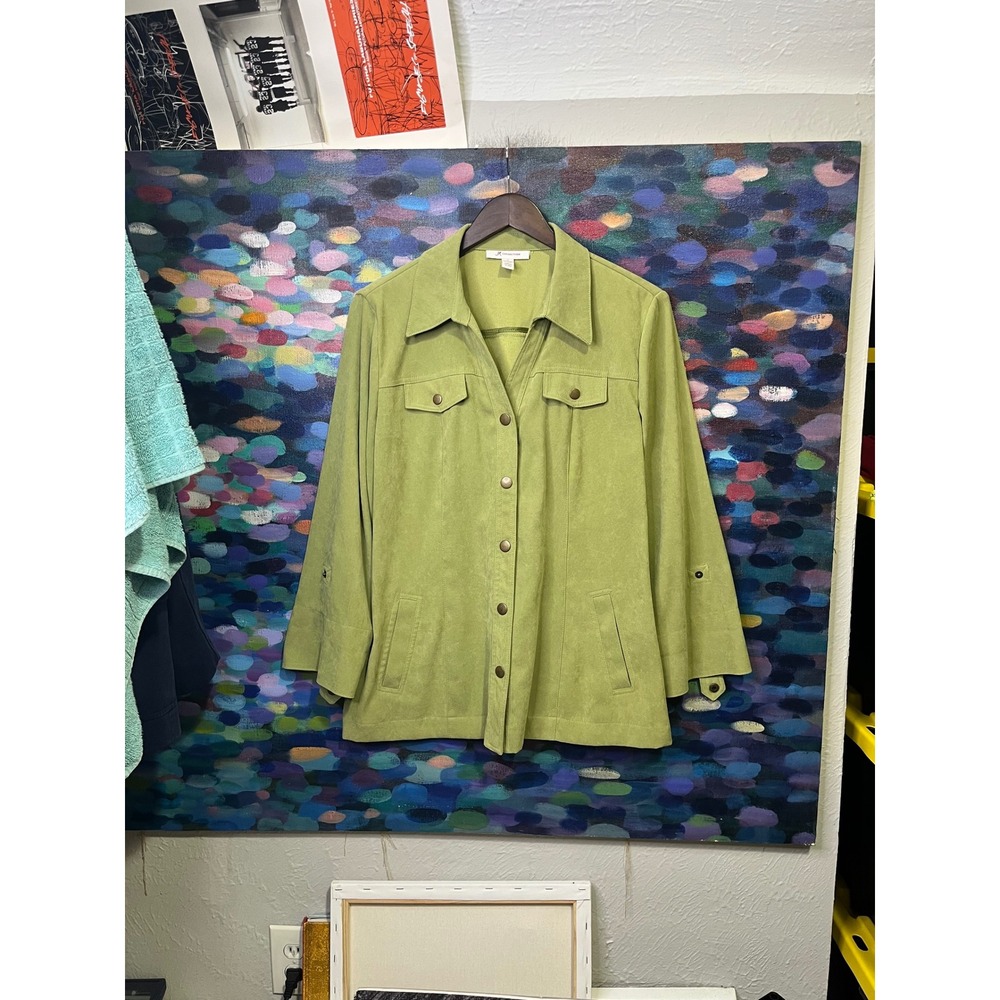 JM Collection Mens Pear Green Faux Suede Button Down Shirt Jacket Size 12 Large